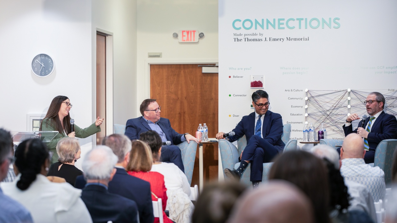 Sarah Weiss, GCF’s Chief Philanthropy Officer, leads a panel discussion featuring Matthew Randazzo, GCF’s President and CEO; Aftab Pureval, Mayor of Cincinnati; and Brendon Cull, President and CEO of the Cincinnati Regional Chamber.